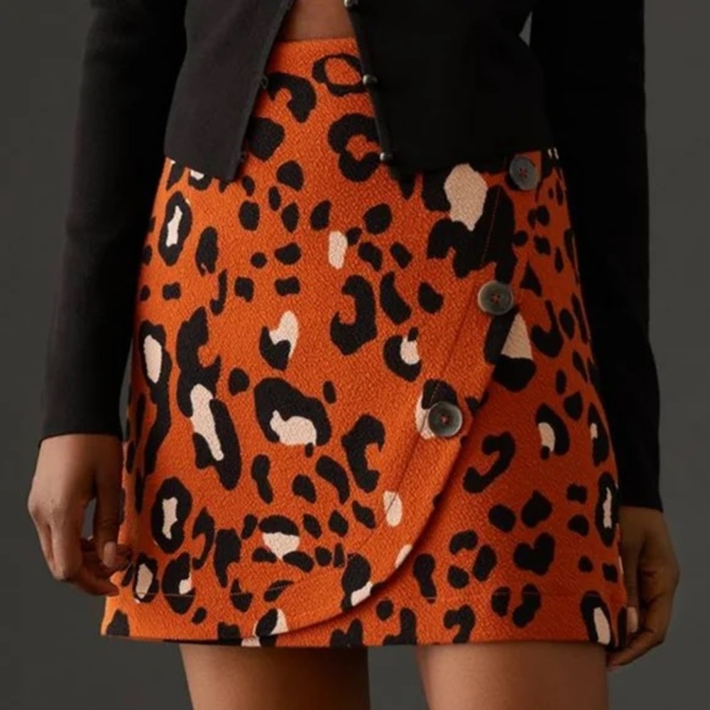Maeve by Anthropologie Orange Leopard Print Mini Wrap Skirt, Women’s X-Small NWT